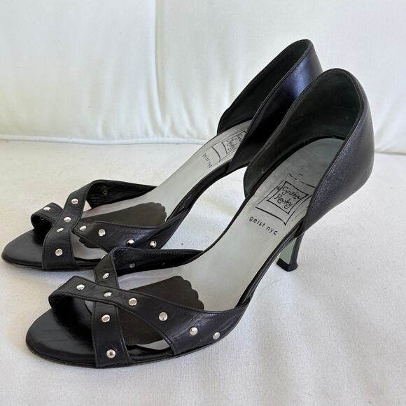 Cynthia Rowley Peep Toe Stud Heels 7.5 Black Leather Glam Academia Prep 90s Y2k - Picture 1 of 6
